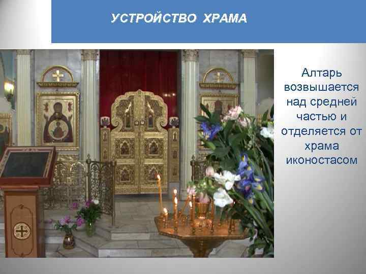 УСТРОЙСТВО ХРАМА Алтарь возвышается над средней частью и отделяется от храма иконостасом 