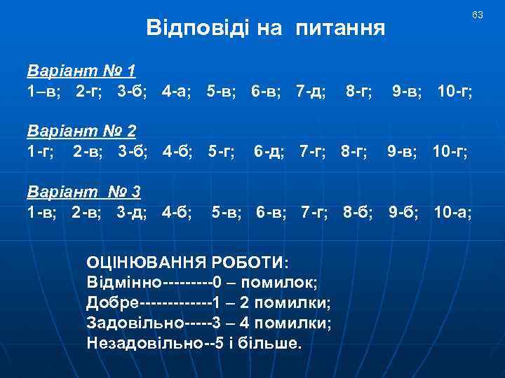 63 Відповіді на питання Варіант № 1 1–в; 2 -г; 3 -б; 4 -а;