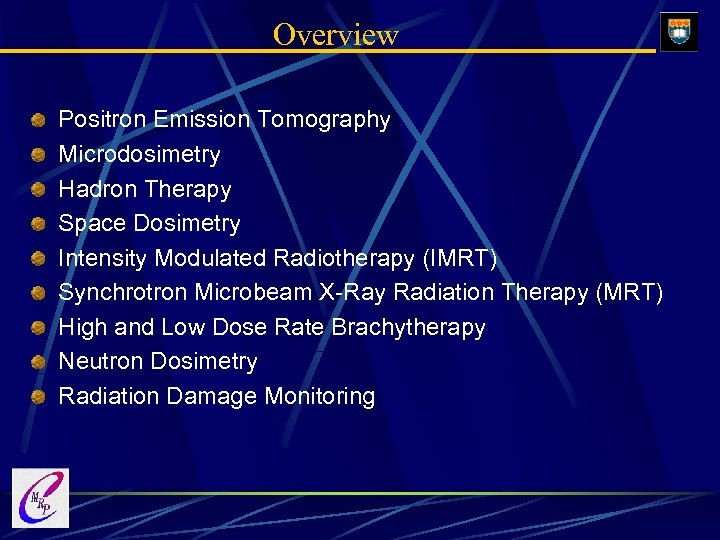 Overview Positron Emission Tomography Microdosimetry Hadron Therapy Space Dosimetry Intensity Modulated Radiotherapy (IMRT) Synchrotron