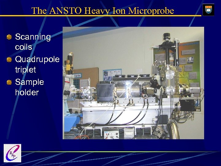The ANSTO Heavy Ion Microprobe Scanning coils Quadrupole triplet Sample holder 