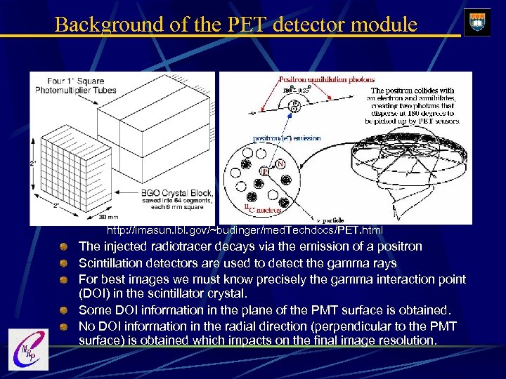 Background of the PET detector module http: //imasun. lbl. gov/~budinger/med. Techdocs/PET. html The injected