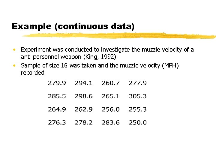 Example (continuous data) • Experiment was conducted to investigate the muzzle velocity of a
