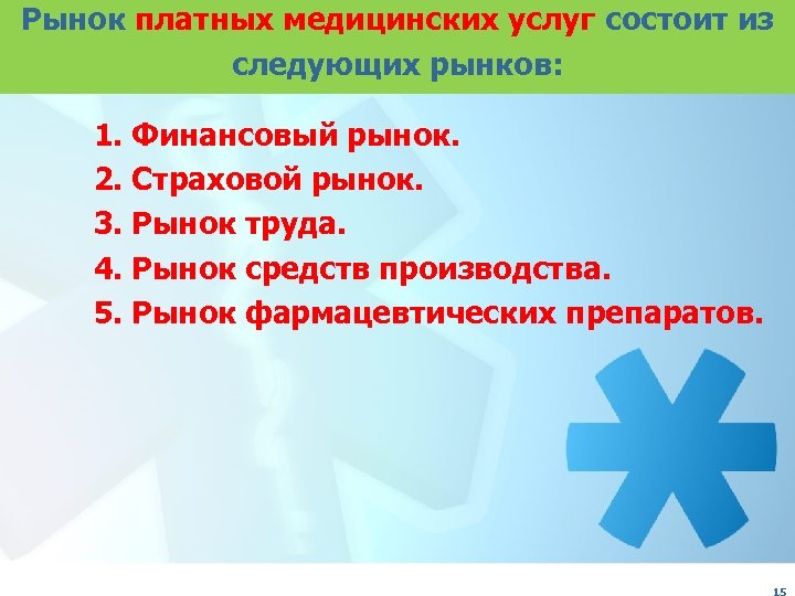 Рынок платных медицинских услуг состоит из следующих рынков: 1. Финансовый рынок. 2. Страховой рынок.
