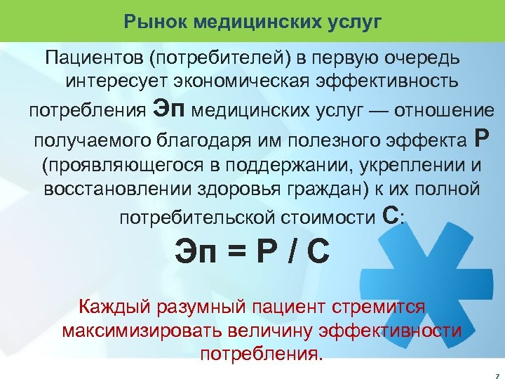 Рынок медицинских услуг Пациентов (потребителей) в первую очередь интересует экономическая эффективность потребления Эп медицинских