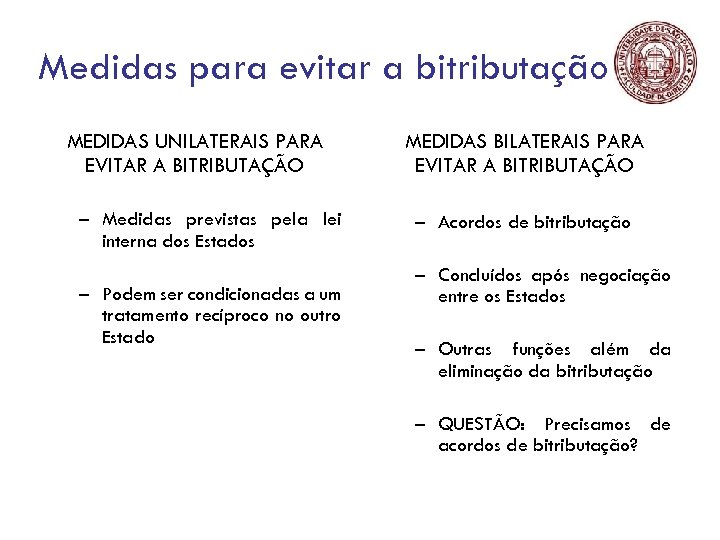 Medidas para evitar a bitributação MEDIDAS UNILATERAIS PARA EVITAR A BITRIBUTAÇÃO – Medidas previstas
