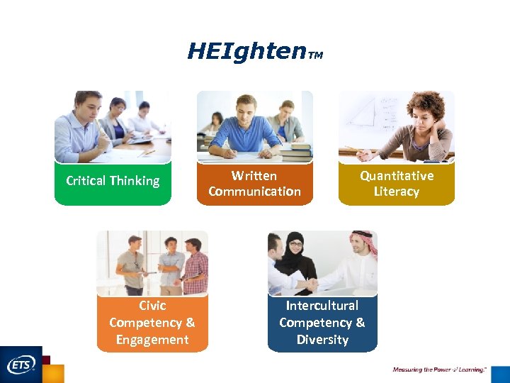 HEIghten. TM Critical Thinking Civic Competency & Engagement Written Communication Quantitative Literacy Intercultural Competency