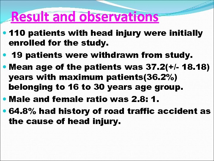 Result and observations 110 patients with head injury were initially enrolled for the study.