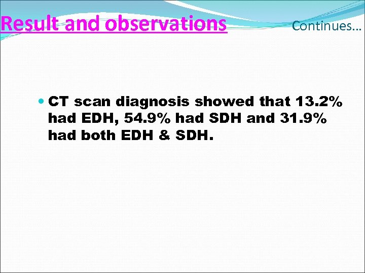 Result and observations Continues… CT scan diagnosis showed that 13. 2% had EDH, 54.