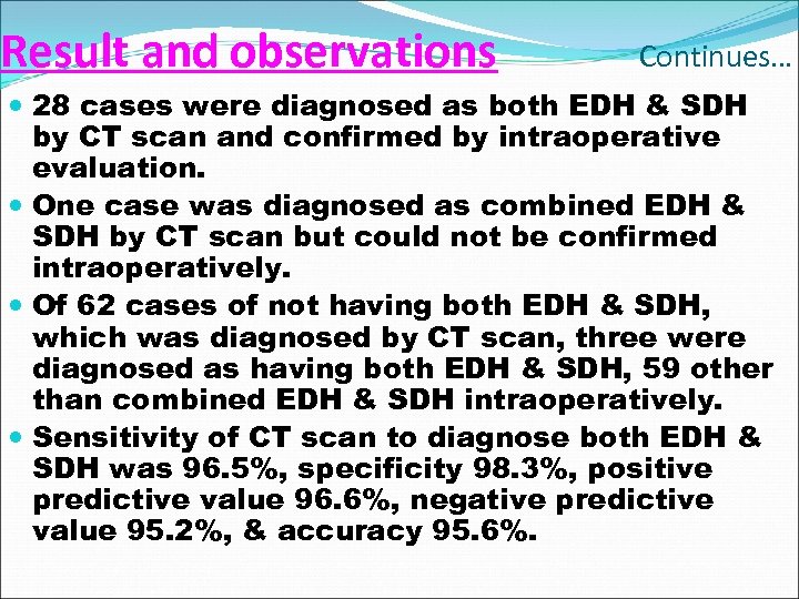 Result and observations Continues… 28 cases were diagnosed as both EDH & SDH by