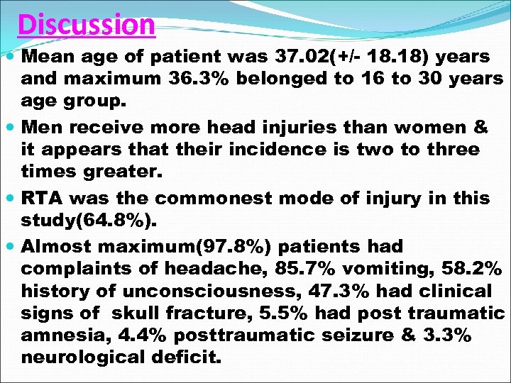 Discussion Mean age of patient was 37. 02(+/- 18. 18) years and maximum 36.