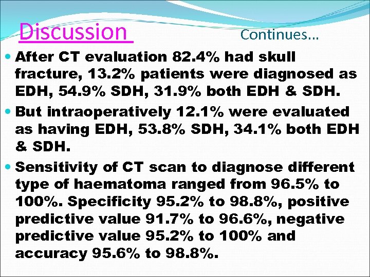 Discussion Continues… After CT evaluation 82. 4% had skull fracture, 13. 2% patients were