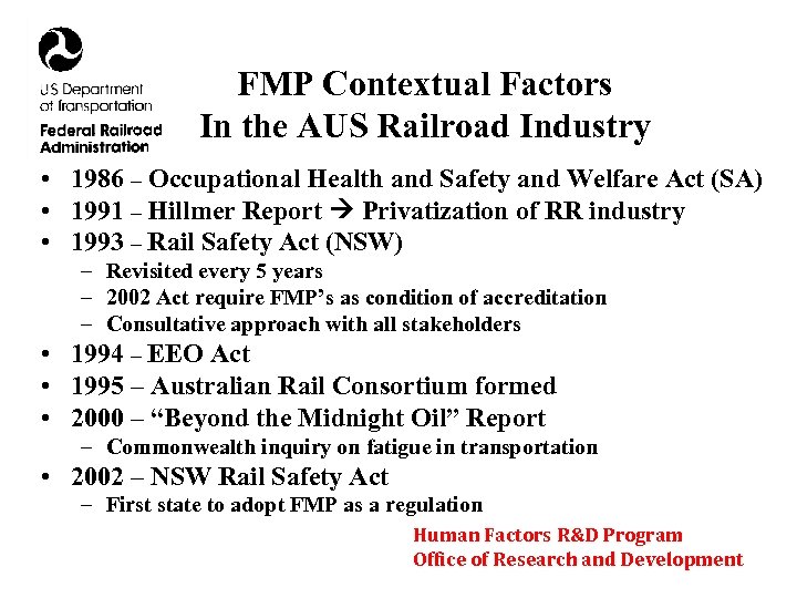 FMP Contextual Factors In the AUS Railroad Industry • 1986 – Occupational Health and