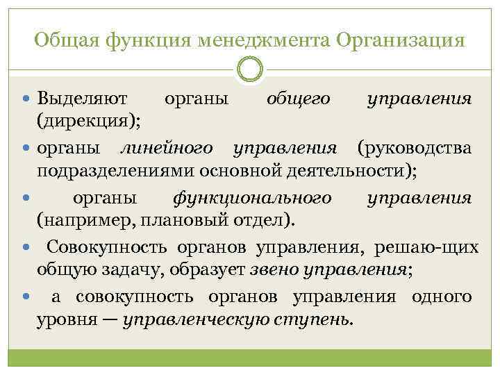 Общая функция менеджмента Организация Выделяют органы общего управления (дирекция); органы линейного управления (руководства подразделениями