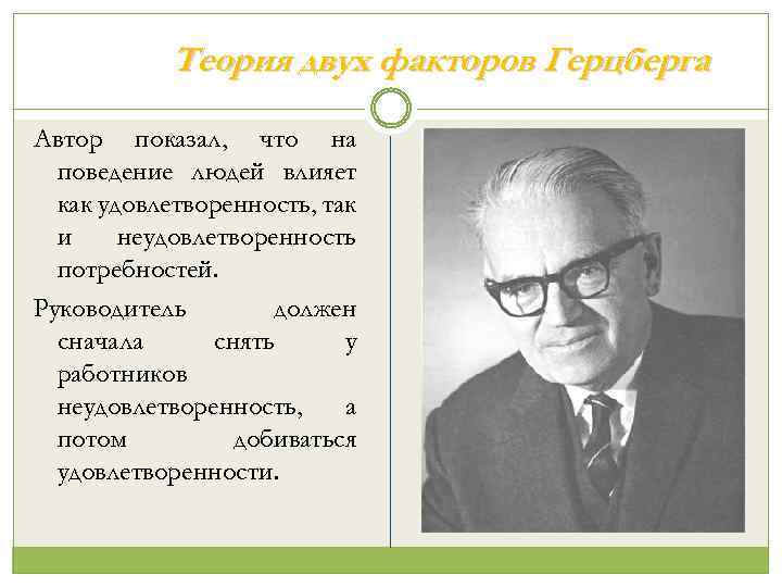 Теория двух факторов Герцберга Автор показал, что на поведение людей влияет как удовлетворенность, так