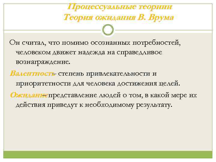 Процессуальные теориии Теория ожидания В. Врума Он считал, что помимо осознанных потребностей, человеком движет