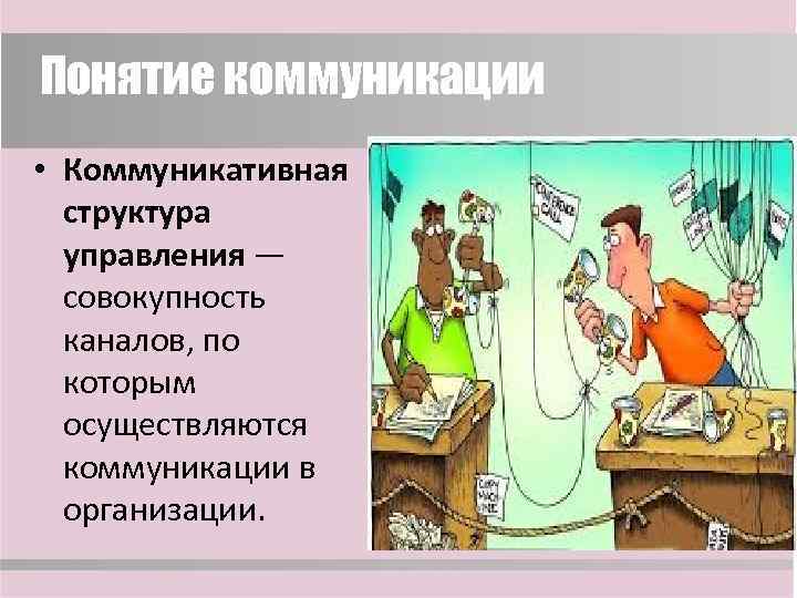 Понятие коммуникации • Коммуникативная структура управления — совокупность каналов, по которым осуществляются коммуникации в