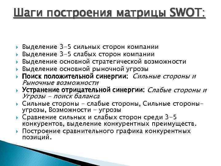 Шаги построения матрицы SWOT: Выделение 3 -5 сильных сторон компании Выделение 3 -5 слабых