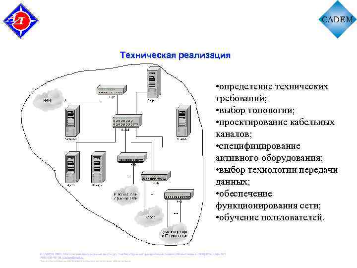 Техническая реализация • определение технических требований; • выбор топологии; • проектирование кабельных каналов; •