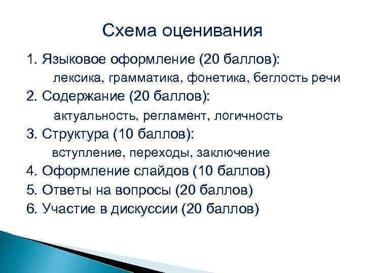 Схема оценивания 1. Языковое оформление (20 баллов): лексика, грамматика, фонетика, беглость речи 2. Содержание