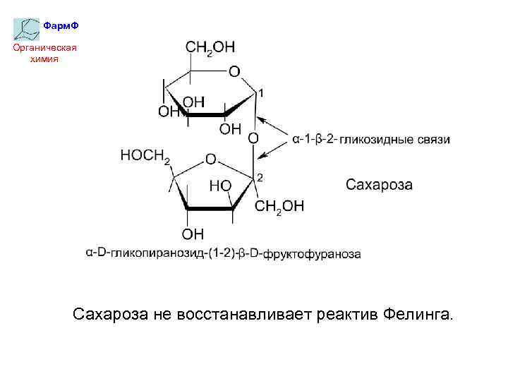 Фарм. Ф Органическая химия Сахароза не восстанавливает реактив Фелинга. 