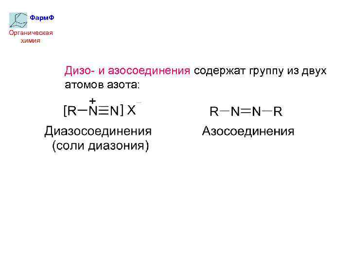 Фарм. Ф Органическая химия Дизо- и азосоединения содержат группу из двух атомов азота: 