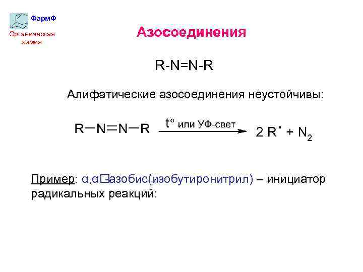 Фарм. Ф Органическая химия Азосоединения R-N=N-R Алифатические азосоединения неустойчивы: Пример: α, α -азобис(изобутиронитрил) –