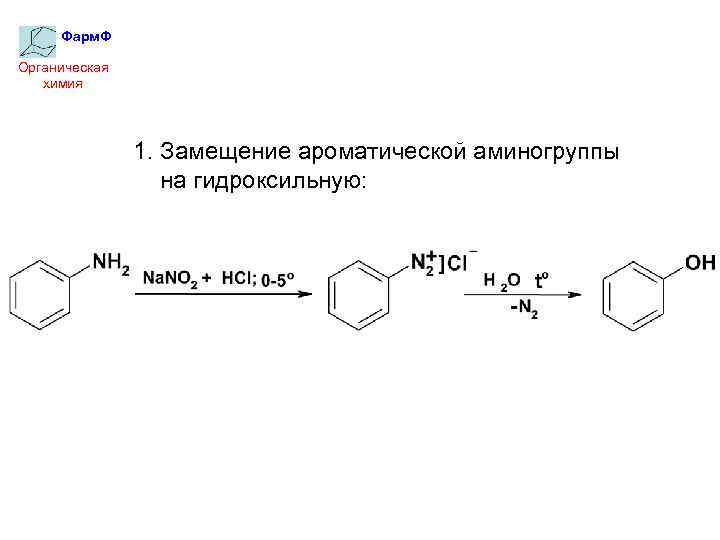 Фарм. Ф Органическая химия 1. Замещение ароматической аминогруппы на гидроксильную: 