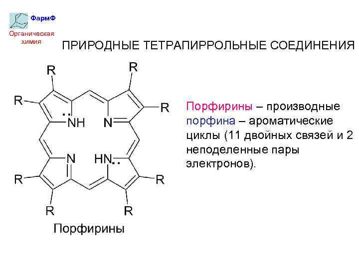 Фарм. Ф Органическая химия ПРИРОДНЫЕ ТЕТРАПИРРОЛЬНЫЕ СОЕДИНЕНИЯ Порфирины – производные порфина – ароматические циклы