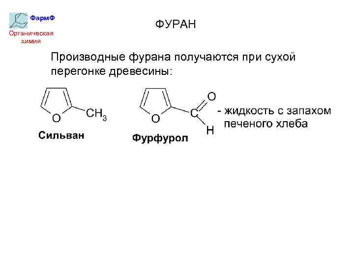 Фарм. Ф Органическая химия ФУРАН Производные фурана получаются при сухой перегонке древесины: 