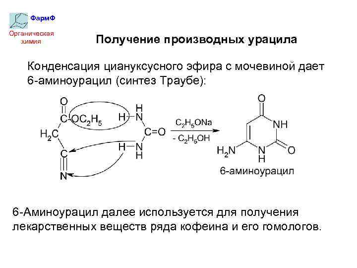 Фарм. Ф Органическая химия Получение производных урацила Конденсация циануксусного эфира с мочевиной дает 6