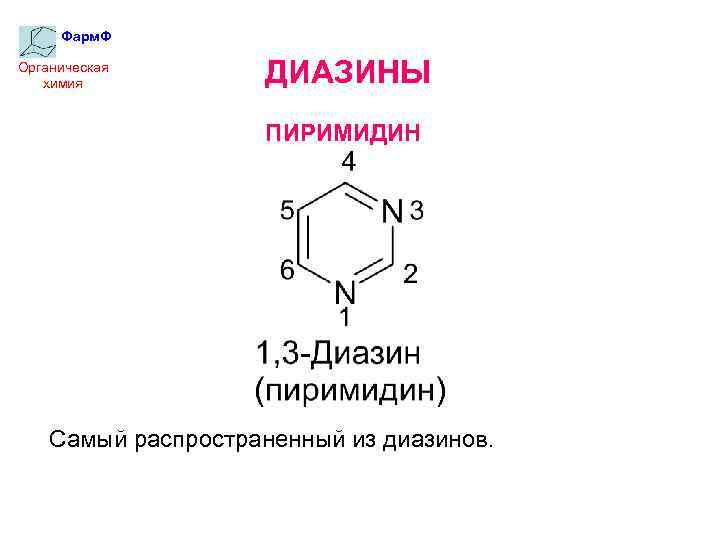 Фарм. Ф Органическая химия ДИАЗИНЫ ПИРИМИДИН Самый распространенный из диазинов. 