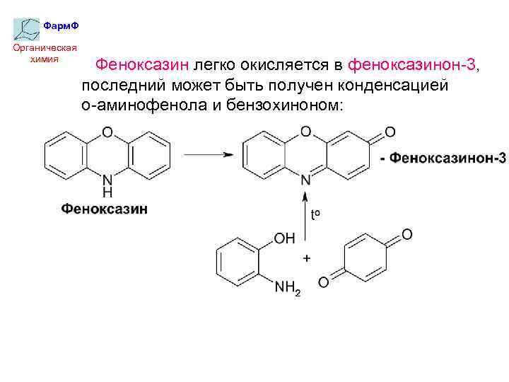Фарм. Ф Органическая химия Феноксазин легко окисляется в феноксазинон-3, последний может быть получен конденсацией