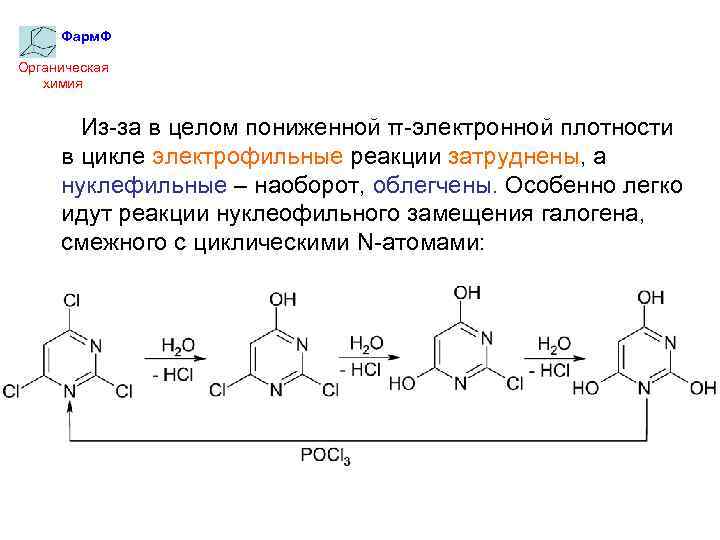 Фарм. Ф Органическая химия Из-за в целом пониженной π-электронной плотности в цикле электрофильные реакции