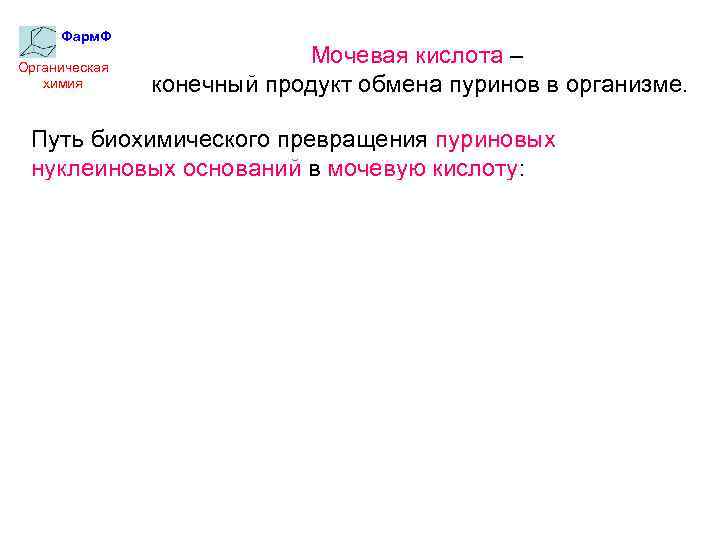 Фарм. Ф Органическая химия Мочевая кислота – конечный продукт обмена пуринов в организме. Путь
