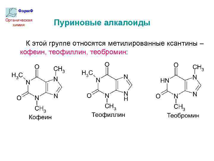 Фарм. Ф Органическая химия Пуриновые алкалоиды К этой группе относятся метилированные ксантины – кофеин,