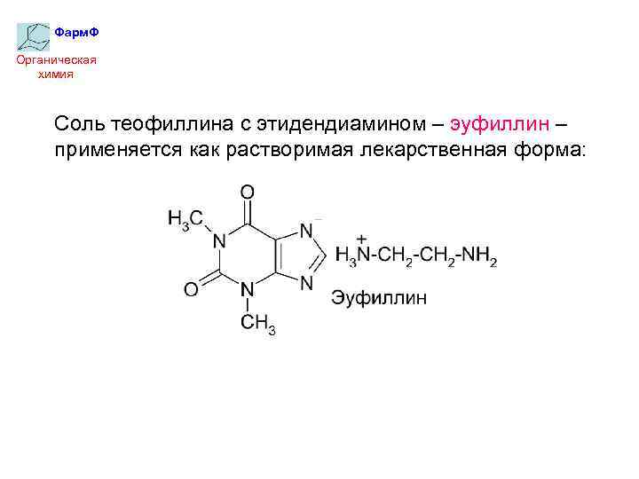 Фарм. Ф Органическая химия Соль теофиллина с этидендиамином – эуфиллин – применяется как растворимая