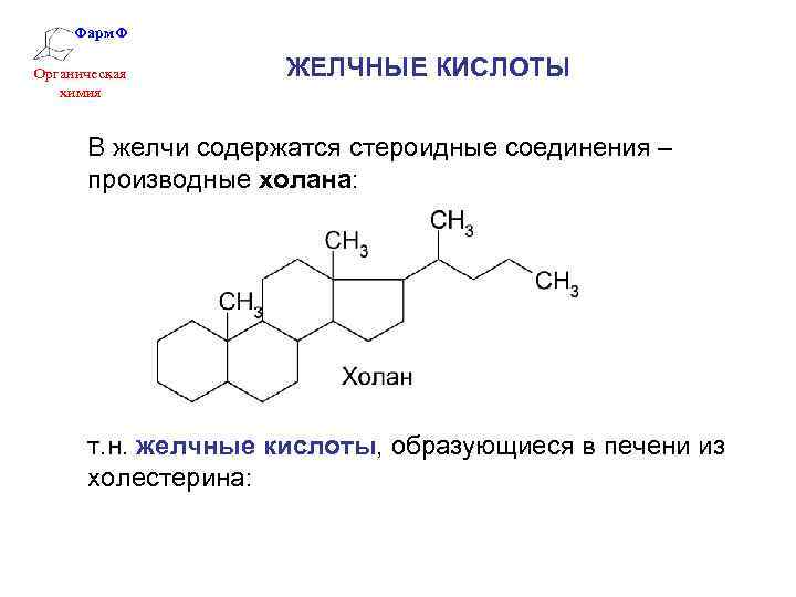 Фарм. Ф Органическая химия ЖЕЛЧНЫЕ КИСЛОТЫ В желчи содержатся стероидные соединения – производные холана: