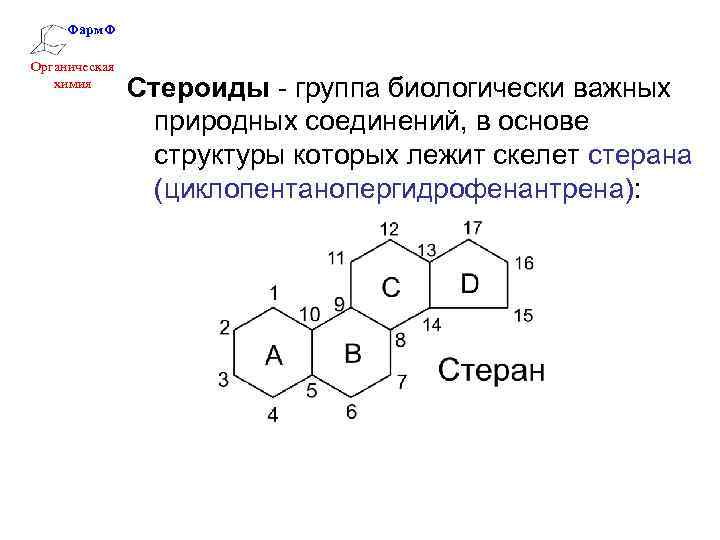 Фарм. Ф Органическая химия Стероиды - группа биологически важных природных соединений, в основе структуры