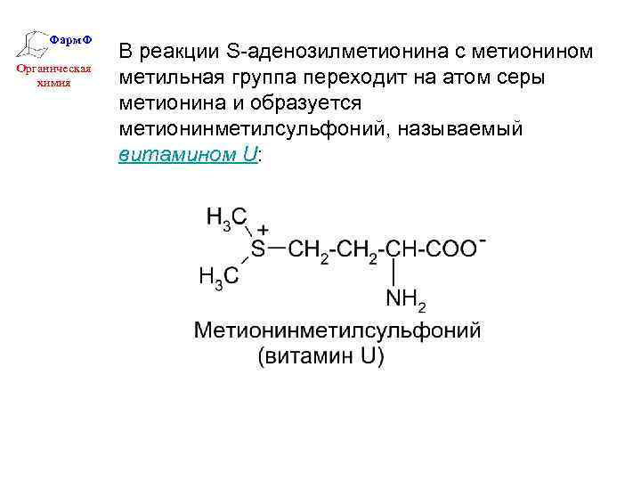 Фарм. Ф Органическая химия В реакции S-аденозилметионина с метионином метильная группа переходит на атом