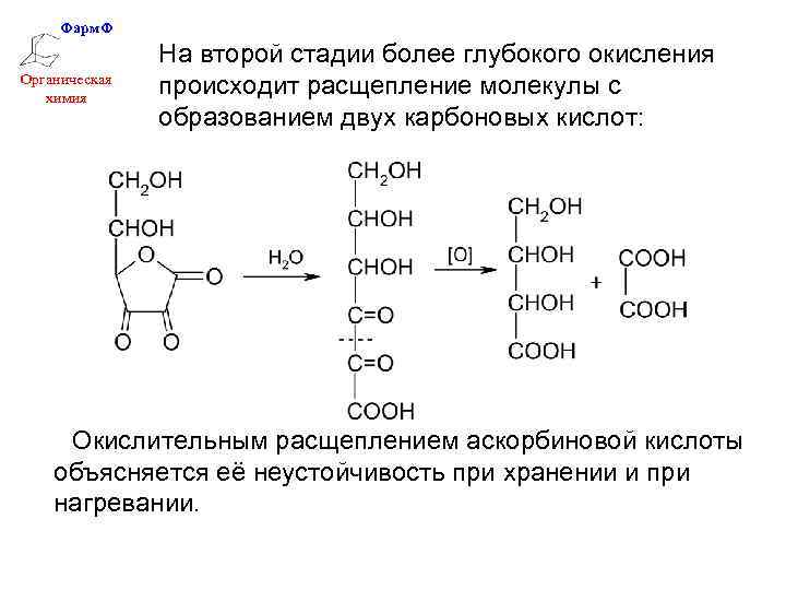Фарм. Ф Органическая химия На второй стадии более глубокого окисления происходит расщепление молекулы с