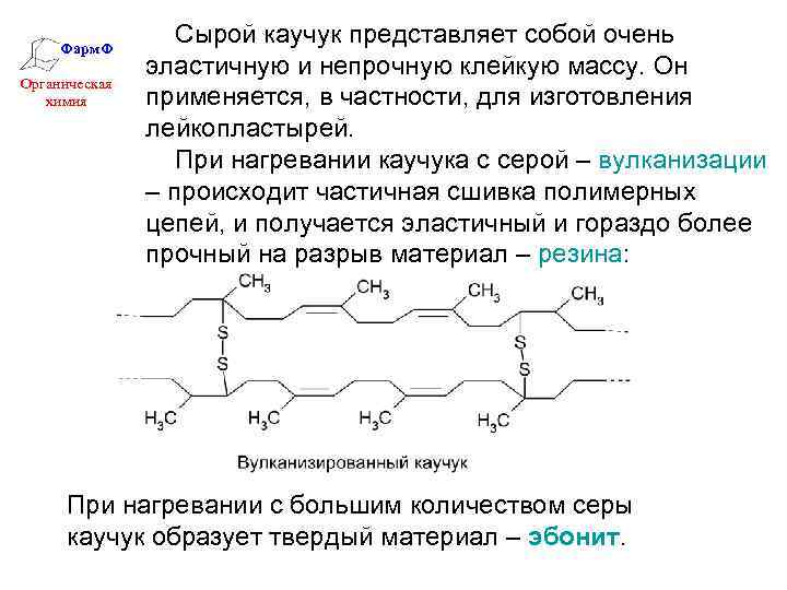 Фарм. Ф Органическая химия Сырой каучук представляет собой очень эластичную и непрочную клейкую массу.