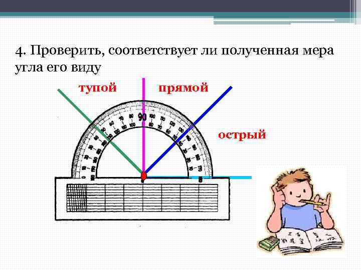 4. Проверить, соответствует ли полученная мера угла его виду тупой прямой острый 