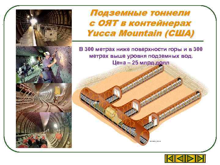 . Подземные тоннели с ОЯТ в контейнерах Yucca Mountain (США) В 300 метрах ниже