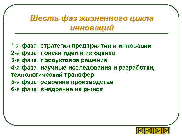 . Шесть фаз жизненного цикла инноваций 1 -я фаза: стратегия предприятия и инновации 2