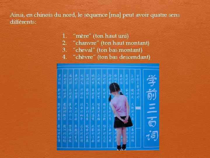  Ainsi, en chinois du nord, le séquence [ma] peut avoir quatre sens différents: