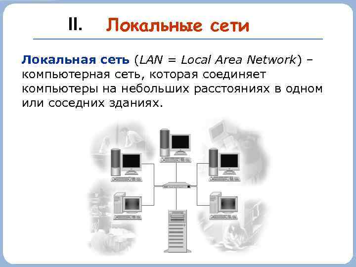 II. Локальные сети Локальная сеть (LAN = Local Area Network) – компьютерная сеть, которая