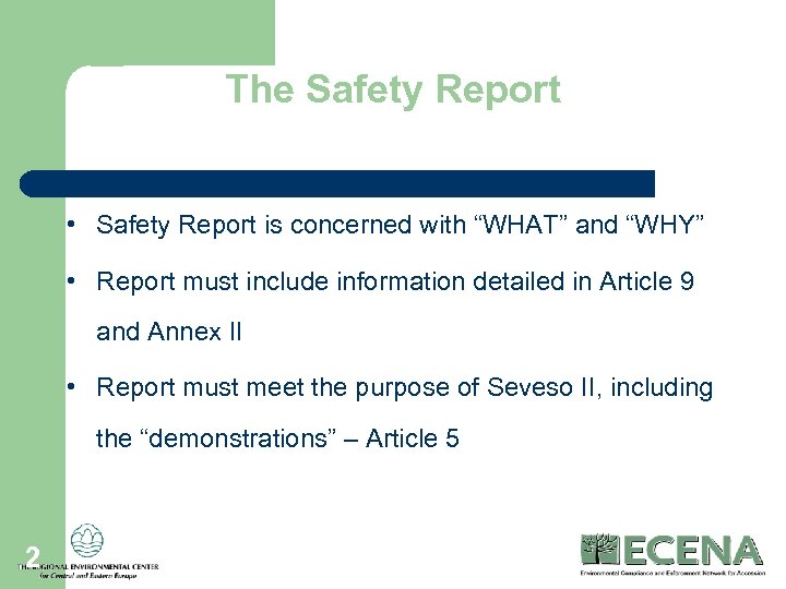 The Safety Report • Safety Report is concerned with “WHAT” and “WHY” • Report