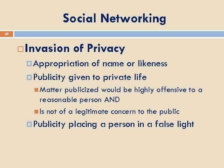Social Networking 59 Invasion of Privacy Appropriation of name or likeness Publicity given to