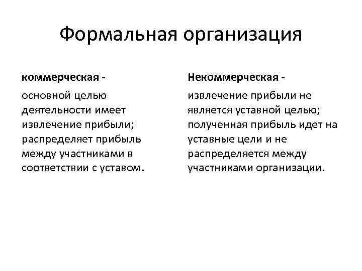 Формальная организация коммерческая - Некоммерческая - основной целью деятельности имеет извлечение прибыли; распределяет прибыль