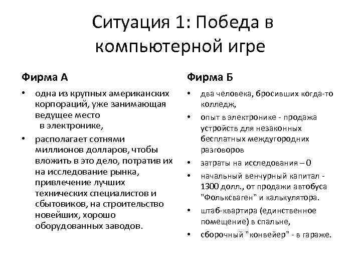  Ситуация 1: Победа в компьютерной игре Фирма А Фирма Б • одна из